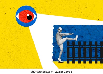 Creative photo 3d collage artwork poster postcard crazy funky man moving looking back human eye isolated painting background