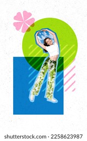 Creative photo 3d collage artwork poster picture of beautiful girl practicing yoga morning exercises isolated on painting background - Shutterstock ID 2258623987