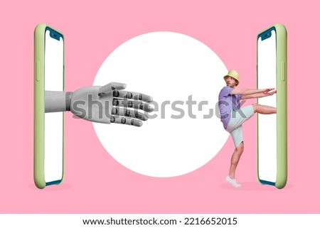Creative photo 3d collage artwork of funny boy go inside telephone escape big arm twitter instagrm addiction isolated on drawing background