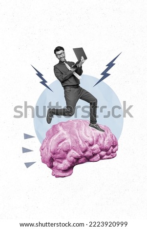 Creative photo 3d collage artwork of funny funky man stand huge human brain have plan increase money income isolated on painting background
