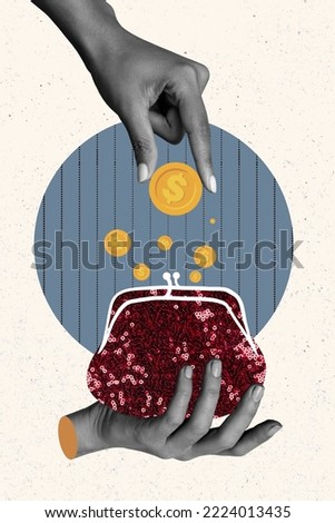 Creative photo 3d collage artwork poster postcard of human arm take wallet golden caoin shopping therapy isolated on painting background