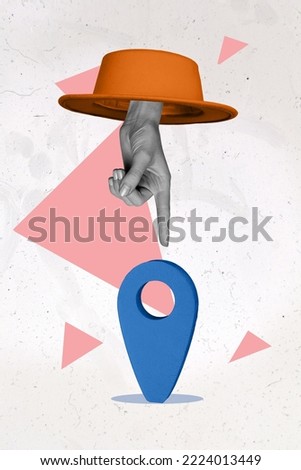 Creative photo 3d collage artwork of finger location symbol icon locator marker place position element isolated on painting background