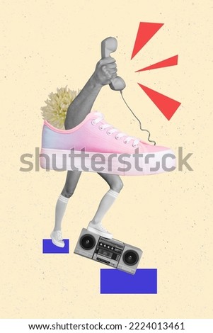 Creative photo 3d collage artwork poster postcard of human hand inside shoes hold telephone phone device isolated on painting background