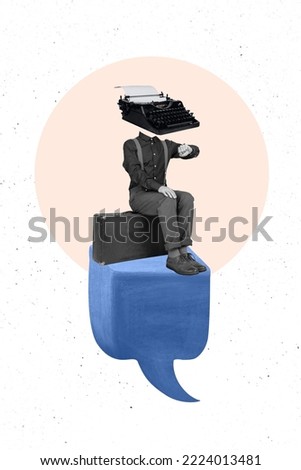 Creative photo 3d collage artwork poster of weird person sitting cube waiting new task typing magazine isolated on painting background