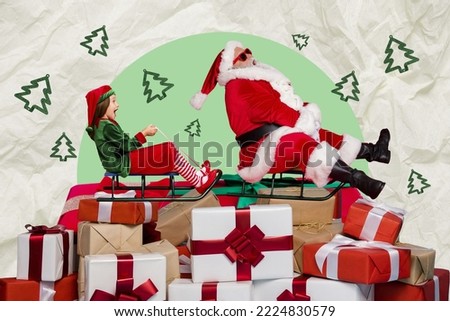 Creative photo 3d collage artwork poster postcard greeting card of santa claus team hurry deliver gifts isolated on painting background