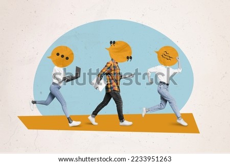 Creative photo 3d collage artwork poster of young people move business affair conference conversation isolated on painting background