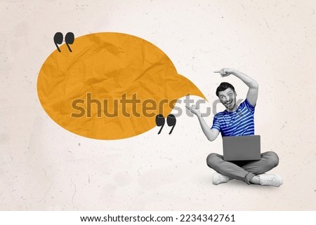 Creative photo 3d collage artwork poster sketch of young positive man user showing empty space idea plan isolated on painting background
