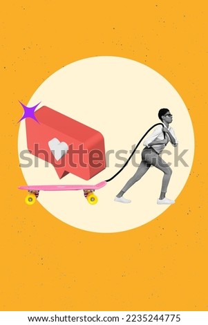 Creative photo 3d collage artwork poster postcard of strong person pulling heavy red card social media like isolated on painting background