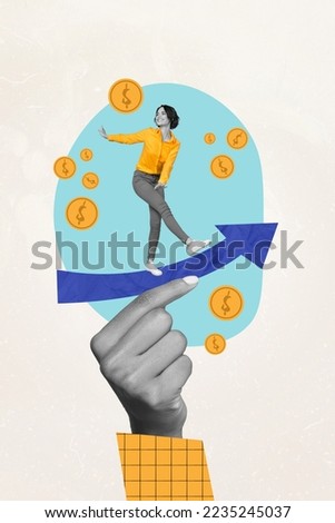 Creative photo 3d collage artwork postcard poster picture of young woman human hand business growth isolated on painting background