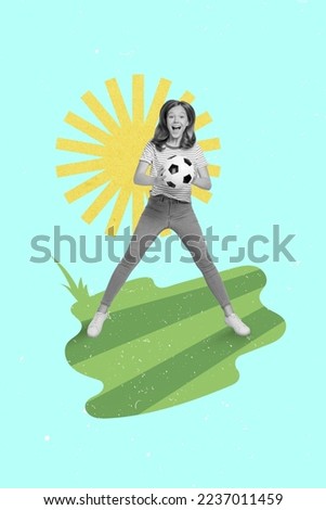 Creative photo 3d collage artwork postcard poster picture of happy girl enjoy hobby free time catch ball isolated on painting background