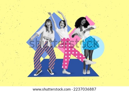 Creative photo 3d collage artwork postcard poster picture of happy crazy people have fun dancing together isolated on painting background