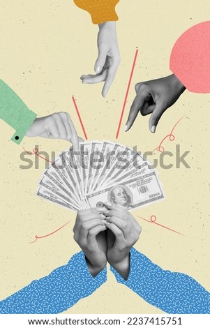 Creative photo 3d collage artwork postcard poster of human arms black white effect hold give money budget isolated on painting background