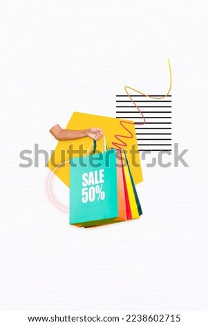 Creative photo 3d collage artwork poster postcard of arm hold bags black friday sale low price shopping isolated on painting background