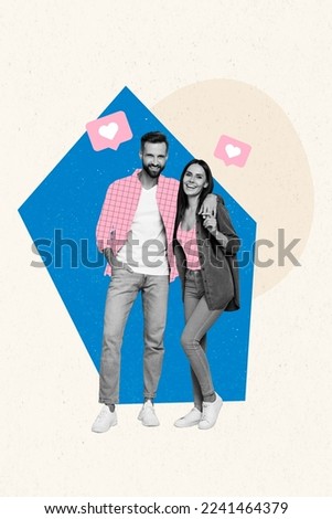 Creative photo 3d collage artwork poster postcard of funny happy romantic couple enjoy embrace isolated on painting background