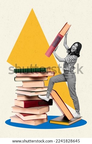 Creative photo 3d collage artwork poster postcard of positive lady hold big book preparing exam isolated on painting background