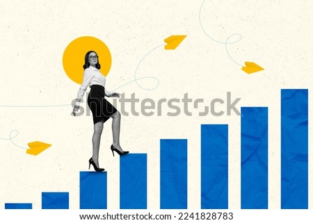 Creative photo 3d collage artwork poster postcard of serious youg woman rise career ladder isolated on painting background