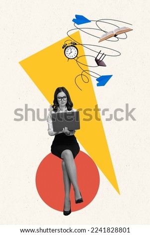 Creative photo 3d collage artwork poster of young lady use netbook pass online test worried good wifi isolated on painting background