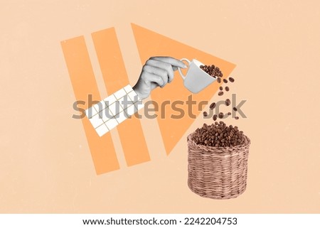 Creative photo 3d collage artwork poster picture of human arm hold coffee beans preparing tasty drink isolated on painting background