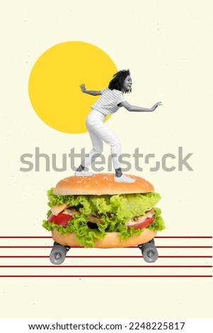Creative photo 3d collage artwork poster picture banner of crazy girl delivering food fast glovo service isolated on painting background