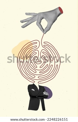 Creative photo 3d collage artwork poster of minded man thinking new project startup isolated on painting background