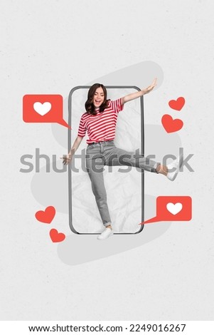 Creative photo 3d collage artwork postcard poster of happy person blogger rejoice social media likes isolated on painting background
