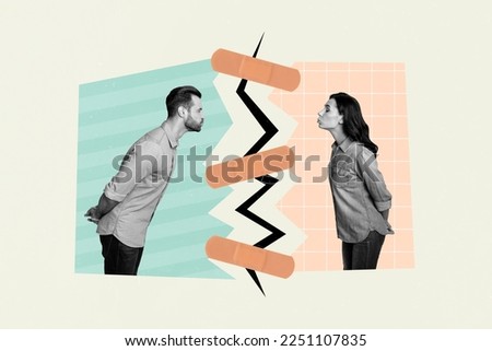 Creative photo 3d collage artwork poster postcard of two young people put up kiss isolated on painting background