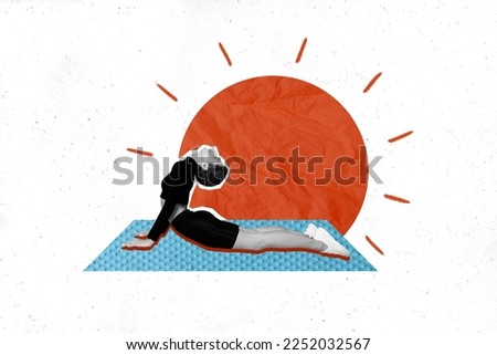 Creative photo 3d collage artwork poster of young girl practicing morning yoga exercises isolated on painting background