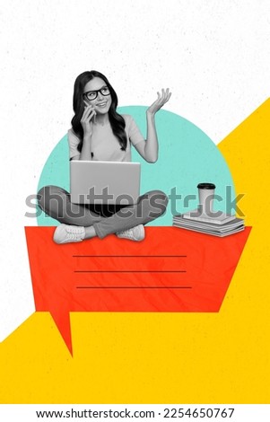 Creative photo 3d collage artwork poster picture of charming girl speaking solving work tasks isolated on painting background