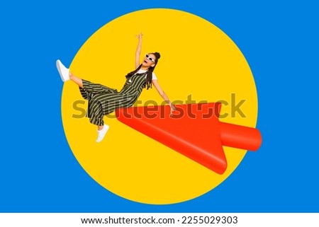 Creative photo 3d collage artwork poster picture of happy ukrainian lady sit big arrow showing way ahead isolated on painting background