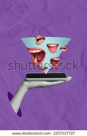Creative photo 3d collage artwork postcard poster picture of arm hold telephone receive sms from followers isolated on painting background