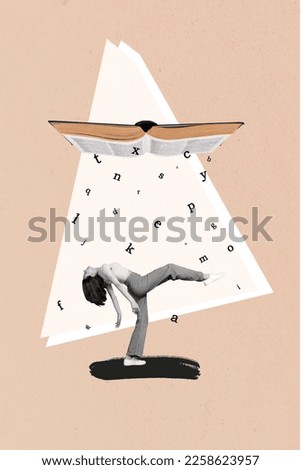 Creative photo 3d collage artwork poster postcard picture of funny funky girl standing under big book isolated on painting background