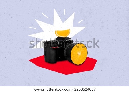 Creative photo 3d collage artwork poster postcard picture modern device camera juice tasty fruit drink isolated on painting background