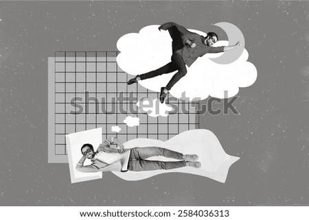 Creative photo 3d collage artwork poster postcard of positive man sleeping enjoy nice dreams isolated on painting background