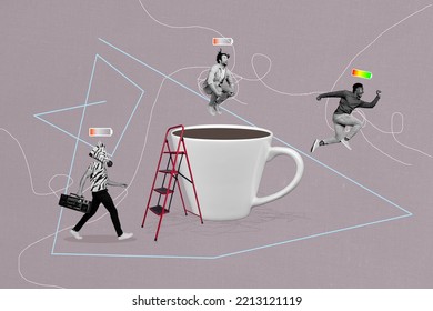 Creative photo 3d collage image artwork caricature of young tired person revive alive after coffee isolated on painting background