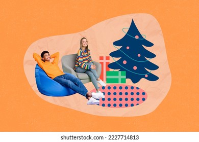 Creative photo 3d collage postcard poster picture of two funny person staying home enjoying holiday time isolated on painting background
