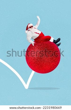 Creative photo 3d collage postcard poster brochure picture of fairy character santa sitting moving big ball isolated on painting background