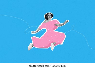 Creative Photo 3d Collage Poster Postcard Of Charming Young Girl Nice Pink Dress Hurry Shopping Boutique Isolated On Drawing Background
