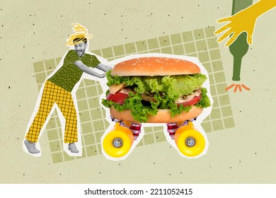 Creative photo 3d collage poster artwork of funny funky boy like street food dont want refuse harmful food isolated on painting background - Shutterstock ID 2211052415
