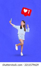 Creative Photo 3d Collage Poster Postcard Of Happy Girl Telephone Streaming Make Selfie Instagram Facebook Isolated On Drawing Background