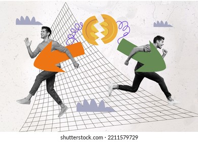 Creative Photo 3d Collage Poster Postcard Artwork Of Guys Divide Money Coin Into Two Parts Isolated On Drawing Background