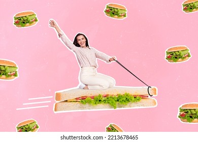 Creative Photo 3d Collage Poster Postcard Artwork Of Young Positive Girl Sit Big Sandwich Move Ahead Isolated On Drawing Background