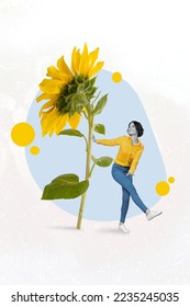Creative photo 3d collage poster postcard picture of young beautiful lady stands near big sun flower isolated on painting background