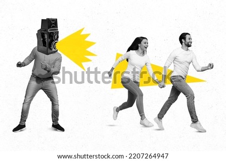 Creative photo 3d collage poster postcard of cameraman chase young boyfriend girlfriend famous person actors isolated on drawing background