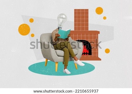 Creative photo 3d collage poster postcard artwork of human man woman body sit stool read literature isolated on drawing background