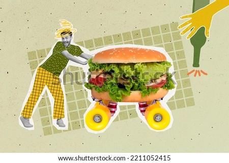 Creative photo 3d collage poster artwork of funny funky boy like street food dont want refuse harmful food isolated on painting background