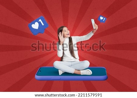 Creative photo 3d collage poster postcard artwork of funny girl sit big telephone use device sspaek followers video app isolated on drawing background