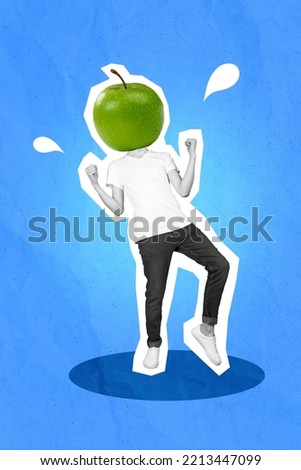 Creative photo 3d collage poster postcard artwork of funny funky weird person apple instead face raise fist isolated on drawing background