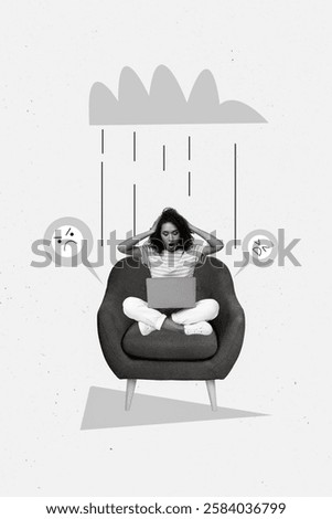 Creative photo 3d collage poster picture of shocked girl sitting home armchair read blog bad comments words isolated on painting background