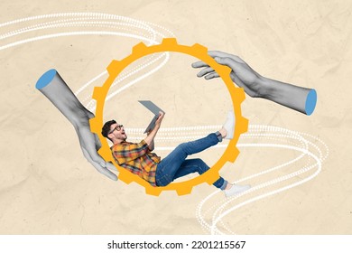Creative Photo Abstract Illustration Sketch Collage Of Funky Funny Excited Impressed Man Lay In Yellow Gear Hold Laptop Watch Tv Show