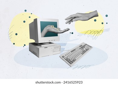Creative photo artwork collage of human arms share password key cybersecurity protection computer isolated on gray color background